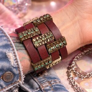 Y2K Leather Rock Brown Leather Cuff Bracelet Turquoise Studs